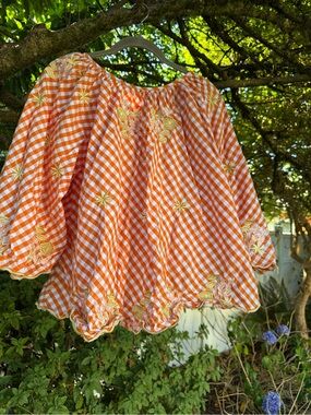 Innika Choo Gingham Embroidered Floral Off Shoulder Peasant Blouse